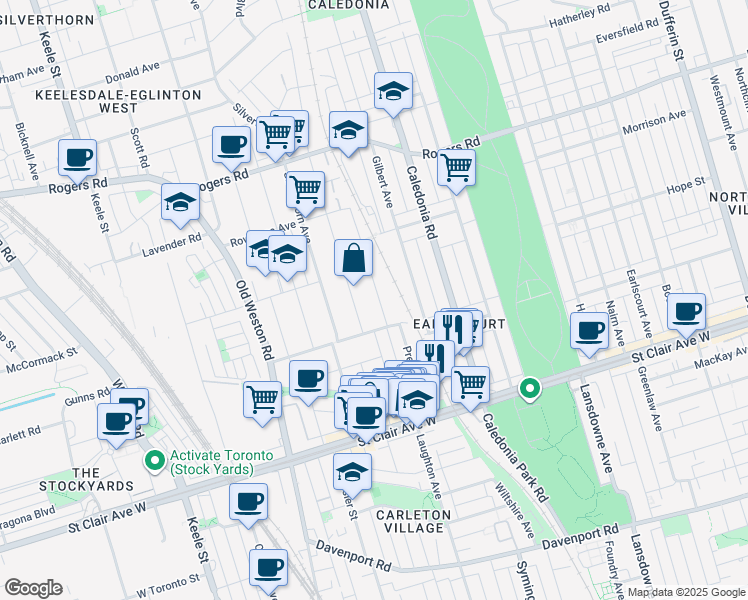 map of restaurants, bars, coffee shops, grocery stores, and more near 158 Prescott Avenue in Toronto