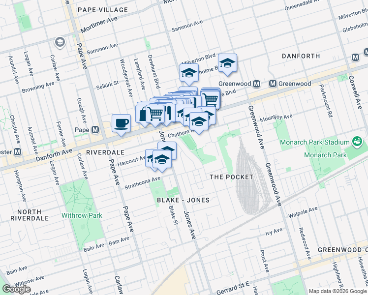 map of restaurants, bars, coffee shops, grocery stores, and more near 57 Ravina Crescent in Toronto