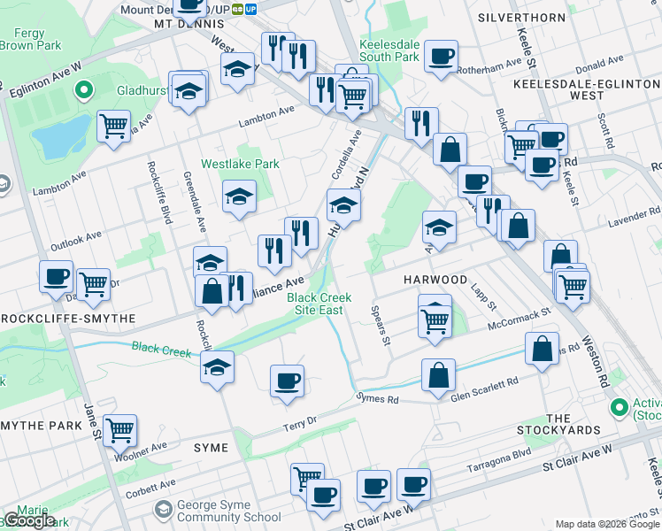 map of restaurants, bars, coffee shops, grocery stores, and more near 76 Hilldale Road in Toronto