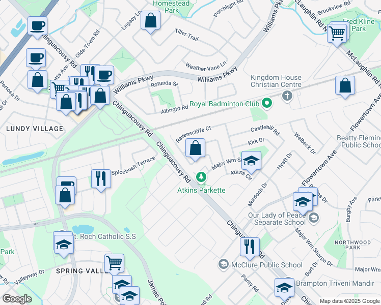 map of restaurants, bars, coffee shops, grocery stores, and more near 57 Muirland Crescent in Brampton