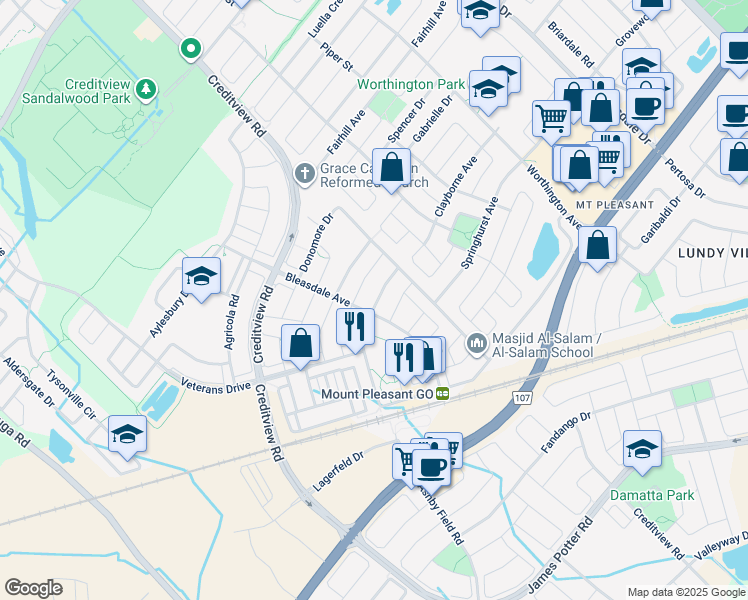 map of restaurants, bars, coffee shops, grocery stores, and more near 28 Dulverton Drive in Brampton