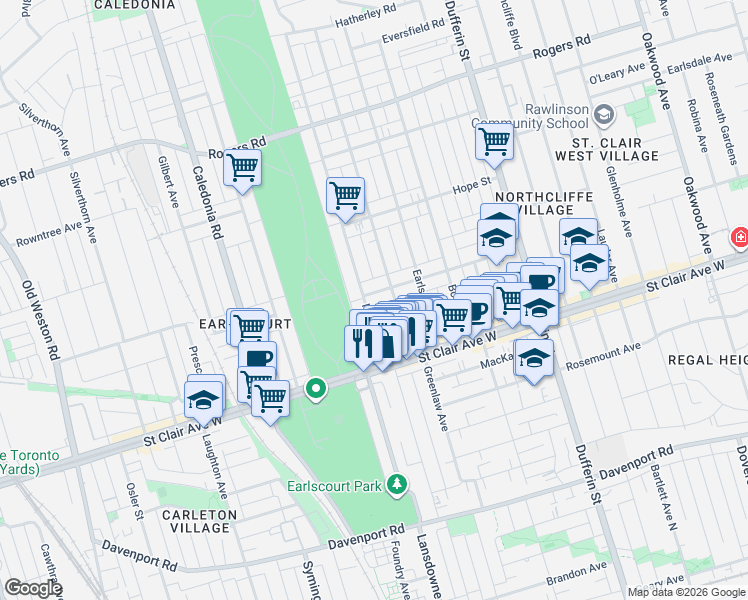 map of restaurants, bars, coffee shops, grocery stores, and more near in Toronto