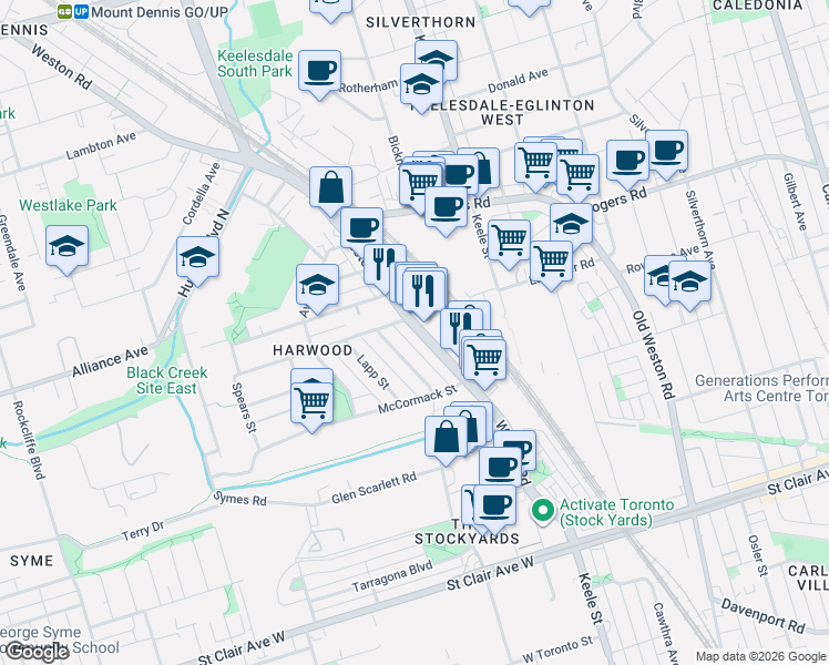 map of restaurants, bars, coffee shops, grocery stores, and more near 310 Weston Road in Toronto