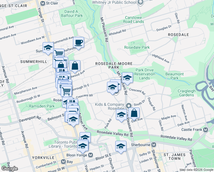 map of restaurants, bars, coffee shops, grocery stores, and more near 94 Crescent Road in Toronto