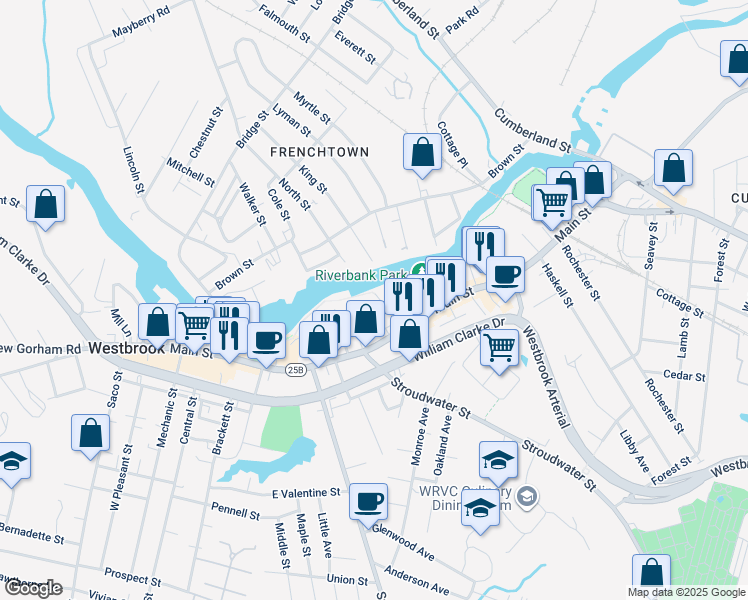 map of restaurants, bars, coffee shops, grocery stores, and more near 34 Dunn Street in Westbrook
