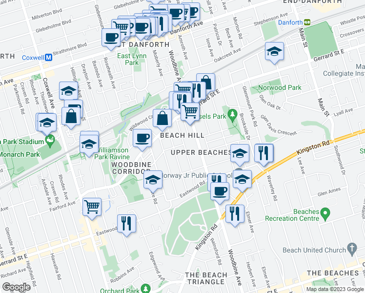 map of restaurants, bars, coffee shops, grocery stores, and more near 104 Glenmore Road in Toronto
