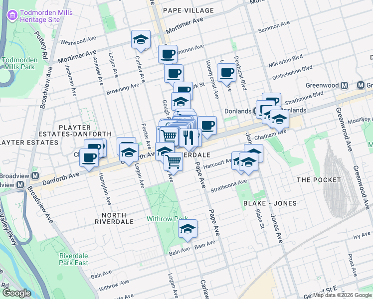 map of restaurants, bars, coffee shops, grocery stores, and more near in Toronto