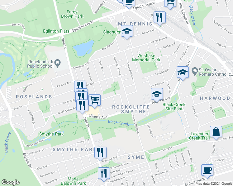 map of restaurants, bars, coffee shops, grocery stores, and more near 55 Dalrymple Drive in Toronto