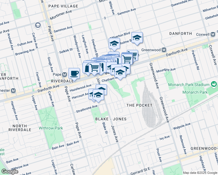 map of restaurants, bars, coffee shops, grocery stores, and more near 57 Ravina Crescent in Toronto