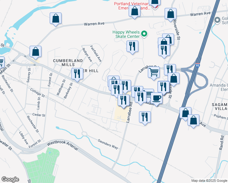 map of restaurants, bars, coffee shops, grocery stores, and more near 151 Main Street in Westbrook