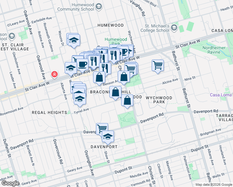 map of restaurants, bars, coffee shops, grocery stores, and more near 163 Rushton Road in Toronto