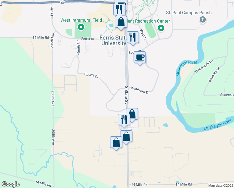 map of restaurants, bars, coffee shops, grocery stores, and more near 111 West Knollview Drive in Big Rapids
