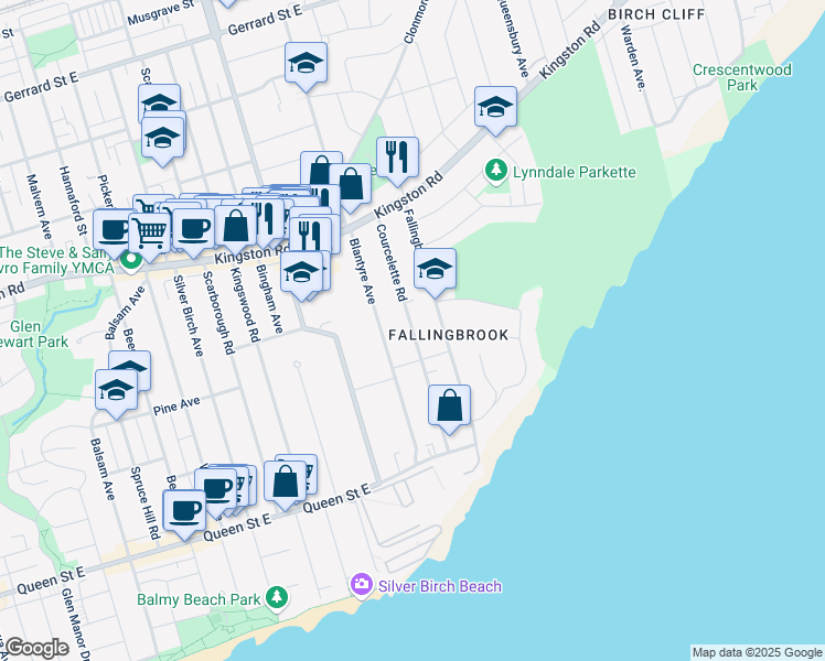 map of restaurants, bars, coffee shops, grocery stores, and more near Courcelette Road in Toronto