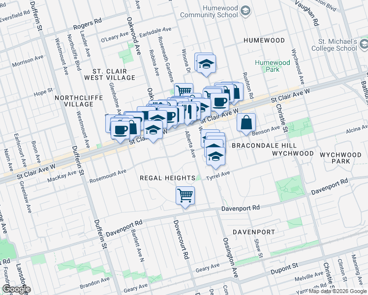 map of restaurants, bars, coffee shops, grocery stores, and more near 16 Rosemount Avenue in Toronto