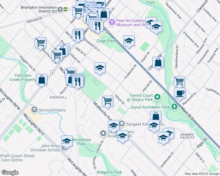 map of restaurants, bars, coffee shops, grocery stores, and more near 89 Elliott Street in Brampton
