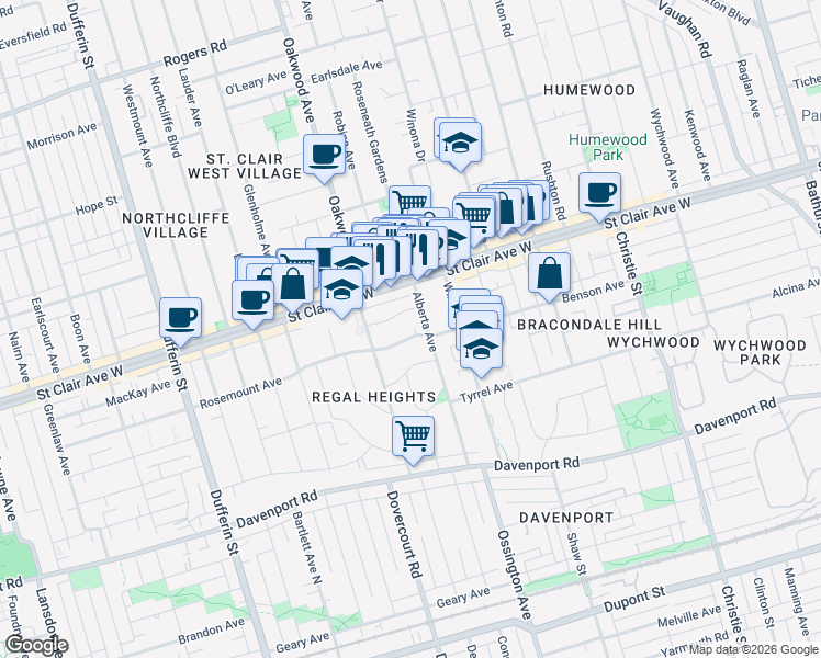 map of restaurants, bars, coffee shops, grocery stores, and more near 16 Rosemount Avenue in Toronto