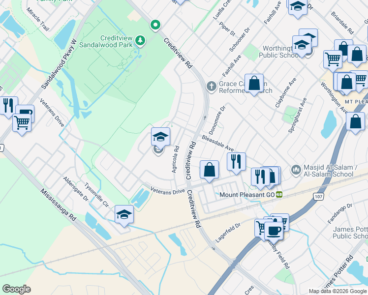 map of restaurants, bars, coffee shops, grocery stores, and more near 58 Meadowcrest Lane in Brampton