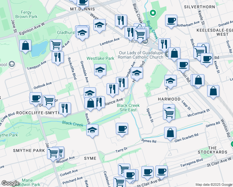 map of restaurants, bars, coffee shops, grocery stores, and more near 380 Alliance Avenue in Toronto