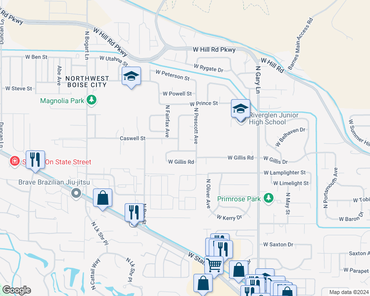 map of restaurants, bars, coffee shops, grocery stores, and more near 7894 West Whittaker Street in Boise