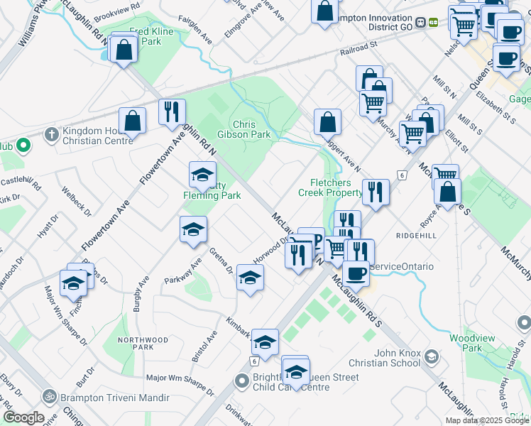 map of restaurants, bars, coffee shops, grocery stores, and more near 40 McLaughlin Road North in Brampton