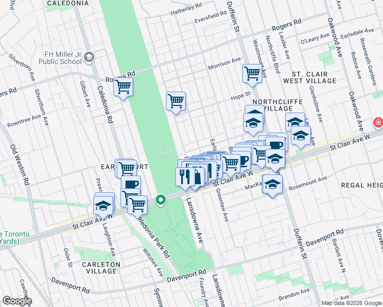 map of restaurants, bars, coffee shops, grocery stores, and more near 151 Ascot Avenue in Toronto