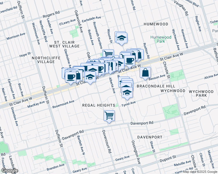 map of restaurants, bars, coffee shops, grocery stores, and more near 14 Rosemount Avenue in Toronto