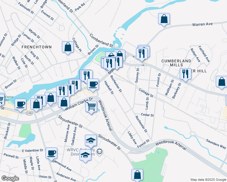 map of restaurants, bars, coffee shops, grocery stores, and more near 57 Rochester Street in Westbrook