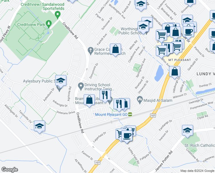 map of restaurants, bars, coffee shops, grocery stores, and more near 28 Dulverton Drive in Brampton