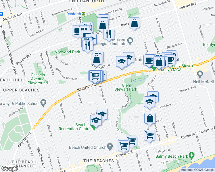 map of restaurants, bars, coffee shops, grocery stores, and more near 18 Glen Stewart Avenue in Toronto