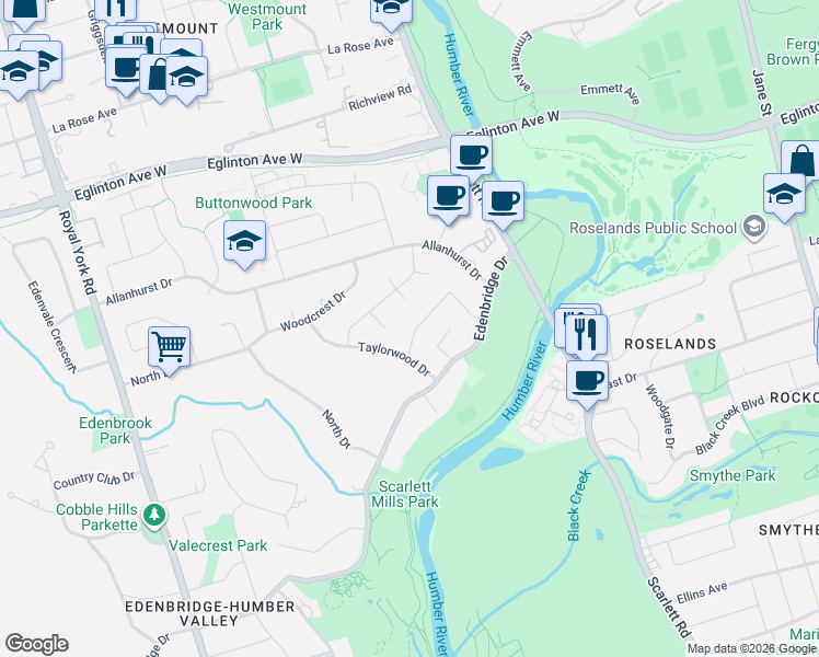 map of restaurants, bars, coffee shops, grocery stores, and more near 41 Knoll Drive in Toronto