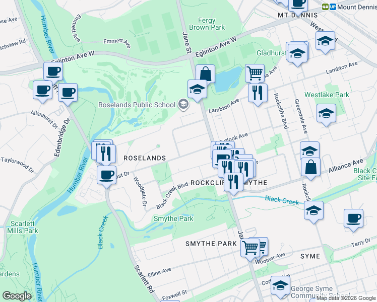 map of restaurants, bars, coffee shops, grocery stores, and more near in Toronto