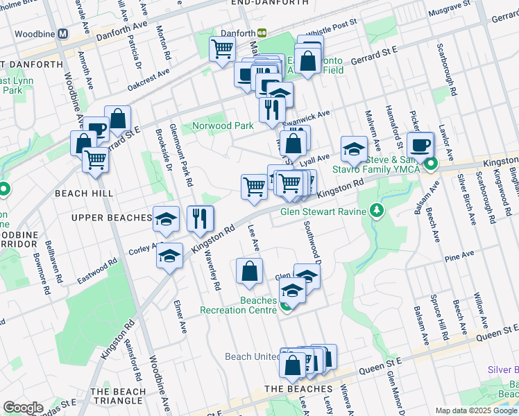 map of restaurants, bars, coffee shops, grocery stores, and more near 576 Kingston Road in Toronto