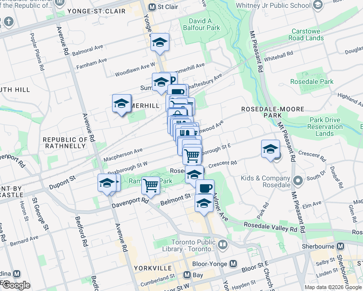 map of restaurants, bars, coffee shops, grocery stores, and more near 1108 Yonge Street in Toronto