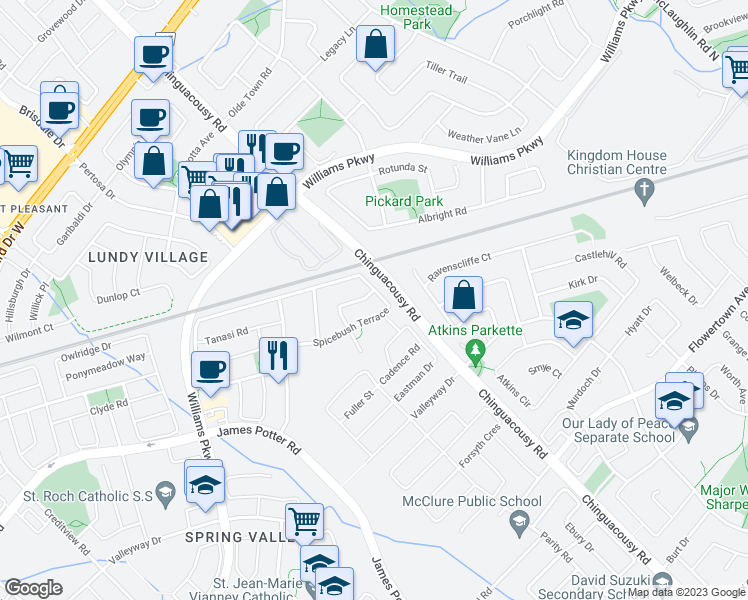 map of restaurants, bars, coffee shops, grocery stores, and more near 71 Spicebush Terrace in Brampton