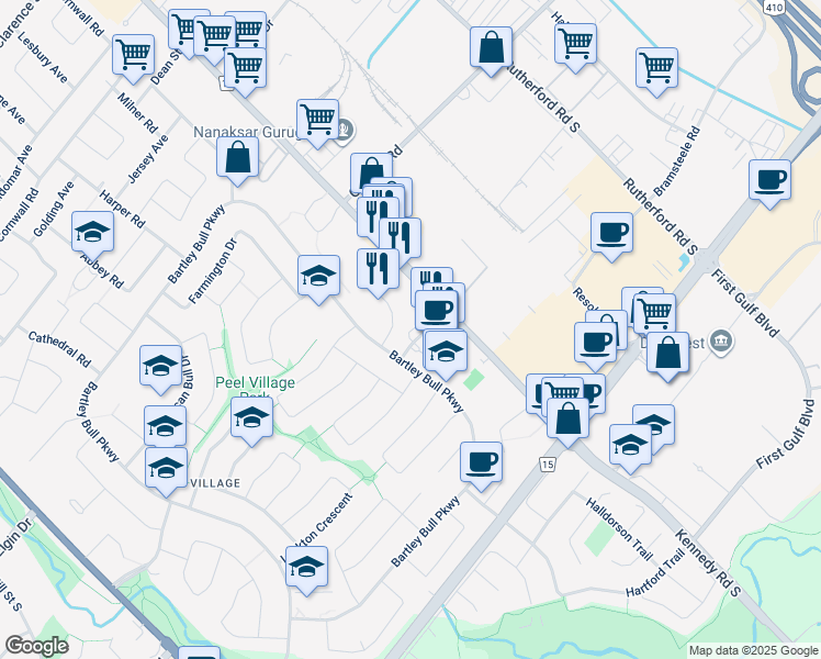 map of restaurants, bars, coffee shops, grocery stores, and more near 146 Town House Crescent in Brampton