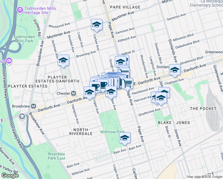 map of restaurants, bars, coffee shops, grocery stores, and more near 570 Danforth Avenue in Toronto