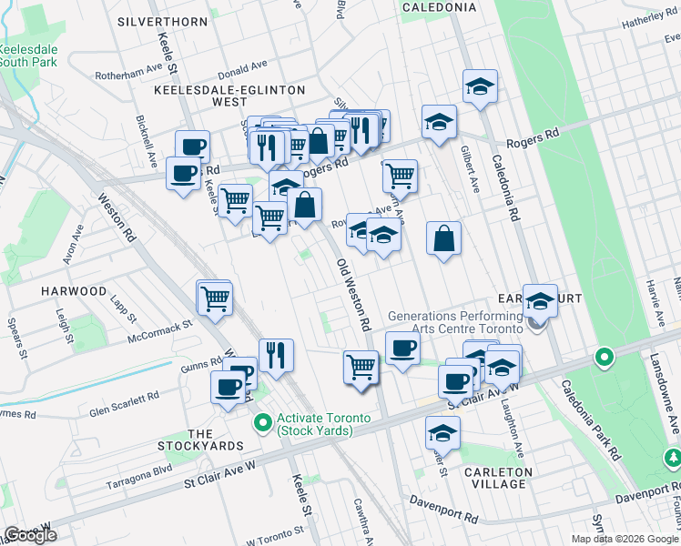 map of restaurants, bars, coffee shops, grocery stores, and more near 616 Old Weston Road in Toronto