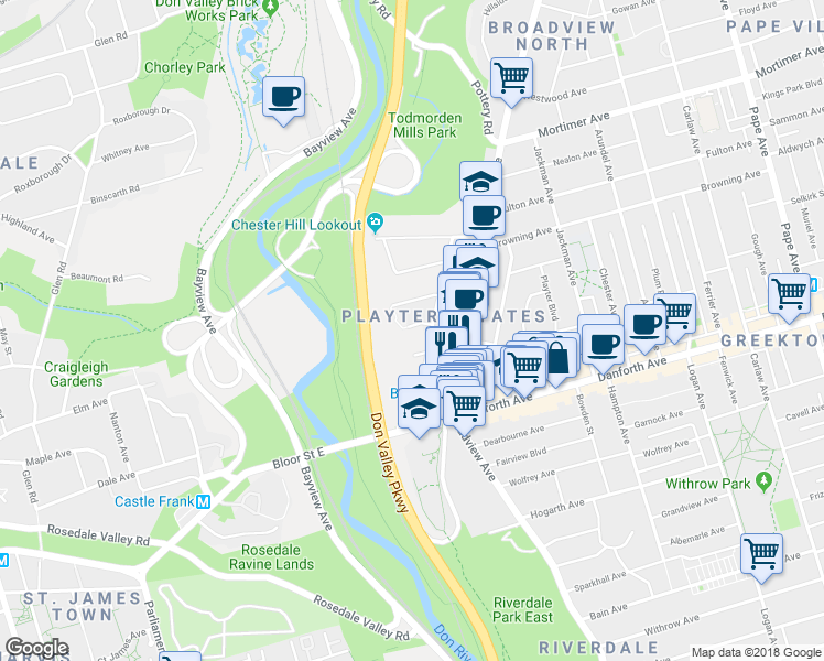 map of restaurants, bars, coffee shops, grocery stores, and more near 13 Ozark Crescent in Toronto