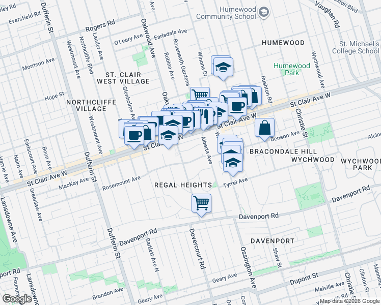 map of restaurants, bars, coffee shops, grocery stores, and more near 19 Biggar Avenue in Toronto
