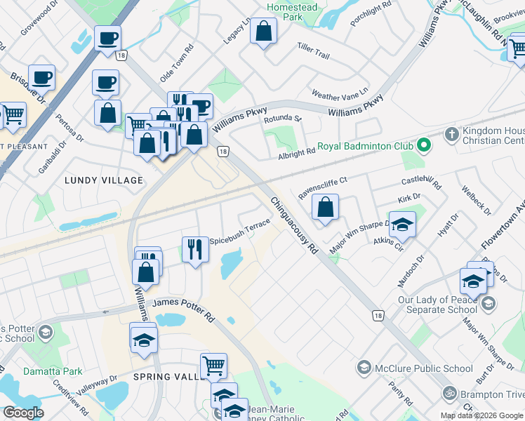 map of restaurants, bars, coffee shops, grocery stores, and more near 69 Spicebush Terrace in Brampton