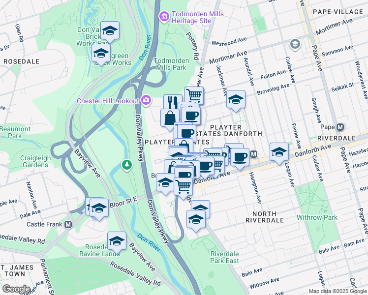 map of restaurants, bars, coffee shops, grocery stores, and more near 838 Broadview Avenue in Toronto