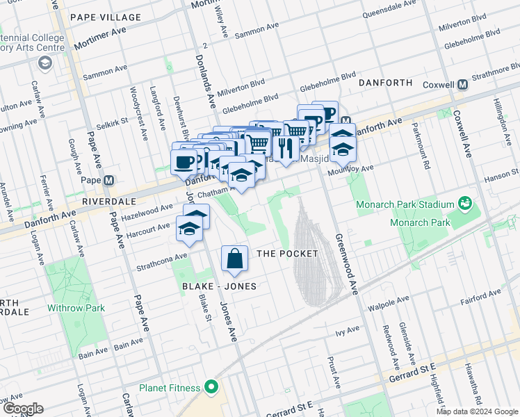 map of restaurants, bars, coffee shops, grocery stores, and more near 1 Oakvale Avenue in Toronto