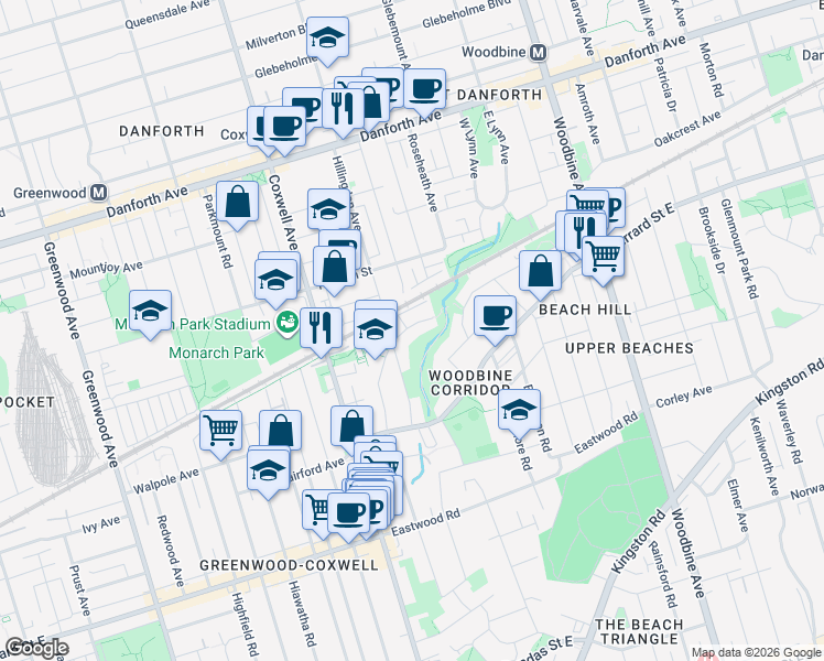 map of restaurants, bars, coffee shops, grocery stores, and more near 291 Gainsborough Road in Toronto