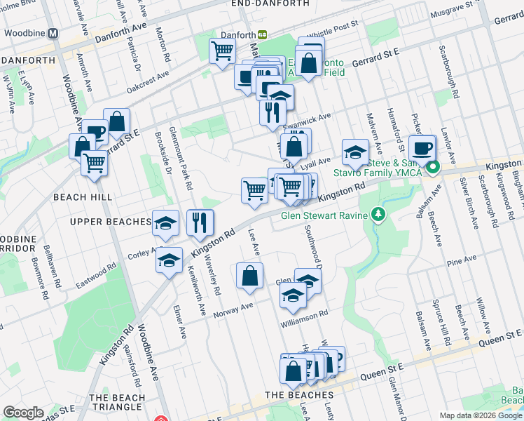 map of restaurants, bars, coffee shops, grocery stores, and more near 580 Kingston Road in Toronto