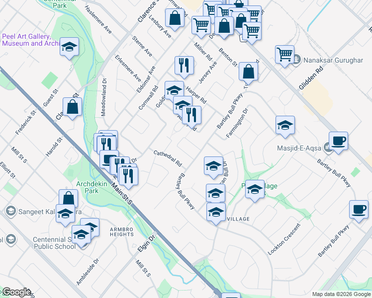 map of restaurants, bars, coffee shops, grocery stores, and more near 41 Staveley Crescent in Brampton
