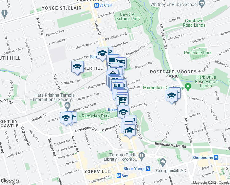 map of restaurants, bars, coffee shops, grocery stores, and more near 1110 Yonge Street in Toronto