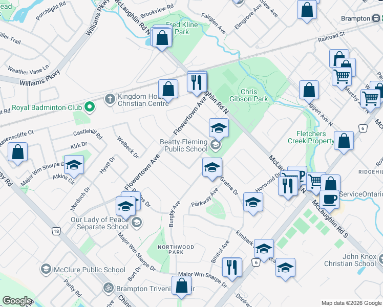map of restaurants, bars, coffee shops, grocery stores, and more near 28 Cumbrian Court in Brampton