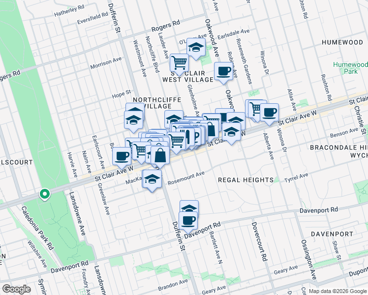 map of restaurants, bars, coffee shops, grocery stores, and more near 1069 Saint Clair Avenue West in Toronto