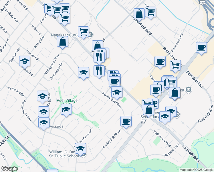 map of restaurants, bars, coffee shops, grocery stores, and more near 146 Town House Crescent in Brampton