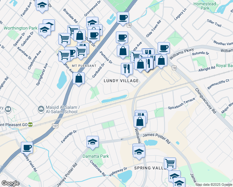 map of restaurants, bars, coffee shops, grocery stores, and more near in Brampton